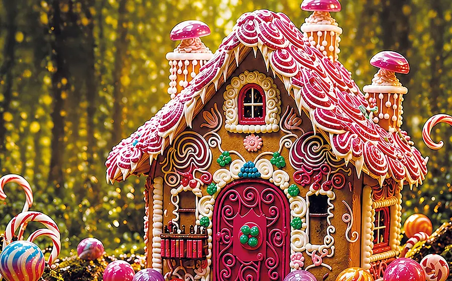 Motiv Hänsel und Gretel mit detailreichem Lebkuchenhaus mit rotem Zuckerdach und bunten Süßigkeiten im Wald vor warm leuchtendem Hintergrund