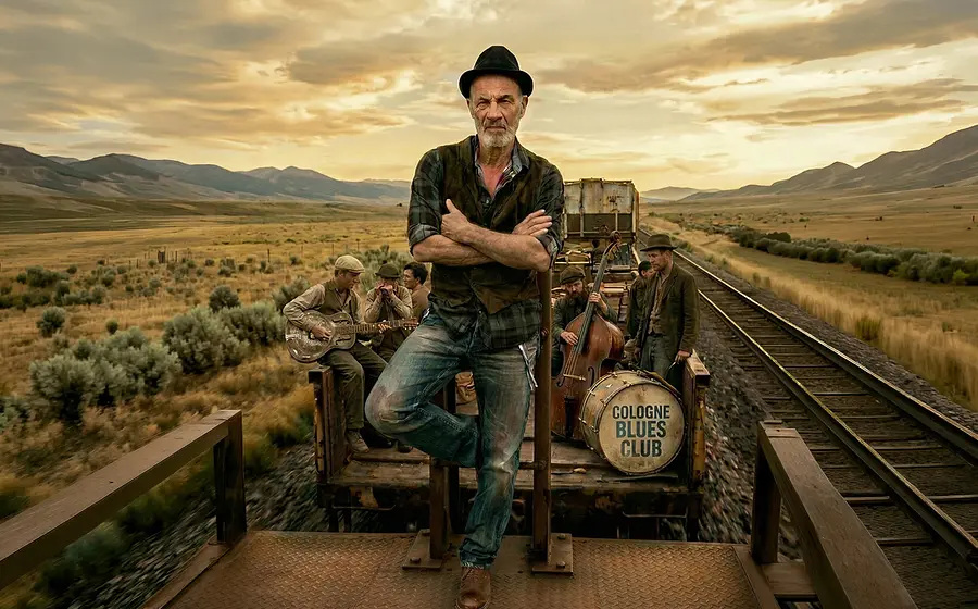 Heiner Lauterbach mit Hut und verschränkten Armen auf einer fahrenden Eisenbahnplattform, im Hintergrund mehrere Musiker mit Gitarre, Kontrabass und Schlagzeug auf dem Zug sowie eine weite Berg- und Prärielandschaft bei Sonnenuntergang.