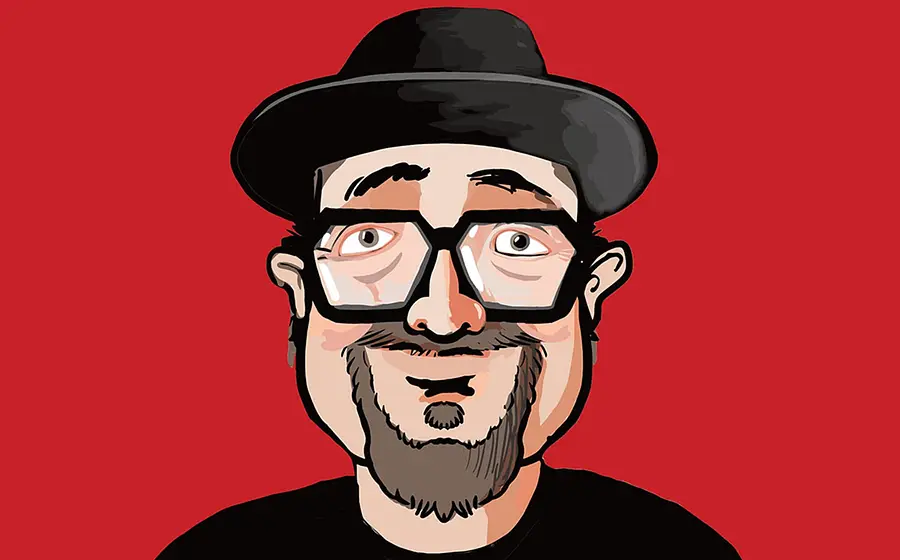 Zeichnung eines Mannes mit Hut, Brille und Bart auf rotem Hintergrund