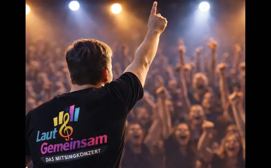 Ein Foto eines Künstlers mit schwarzem Shirt und Aufschrift der Veranstaltung sowie Publikum im Hintergrund