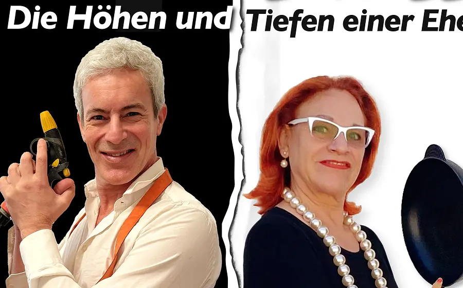 Foto für das Event „Liebe, Lust, Hexenschuss“ – die beiden Künstler, er vor schwarzem Hintergrund, sie vor weißem Hintergrund