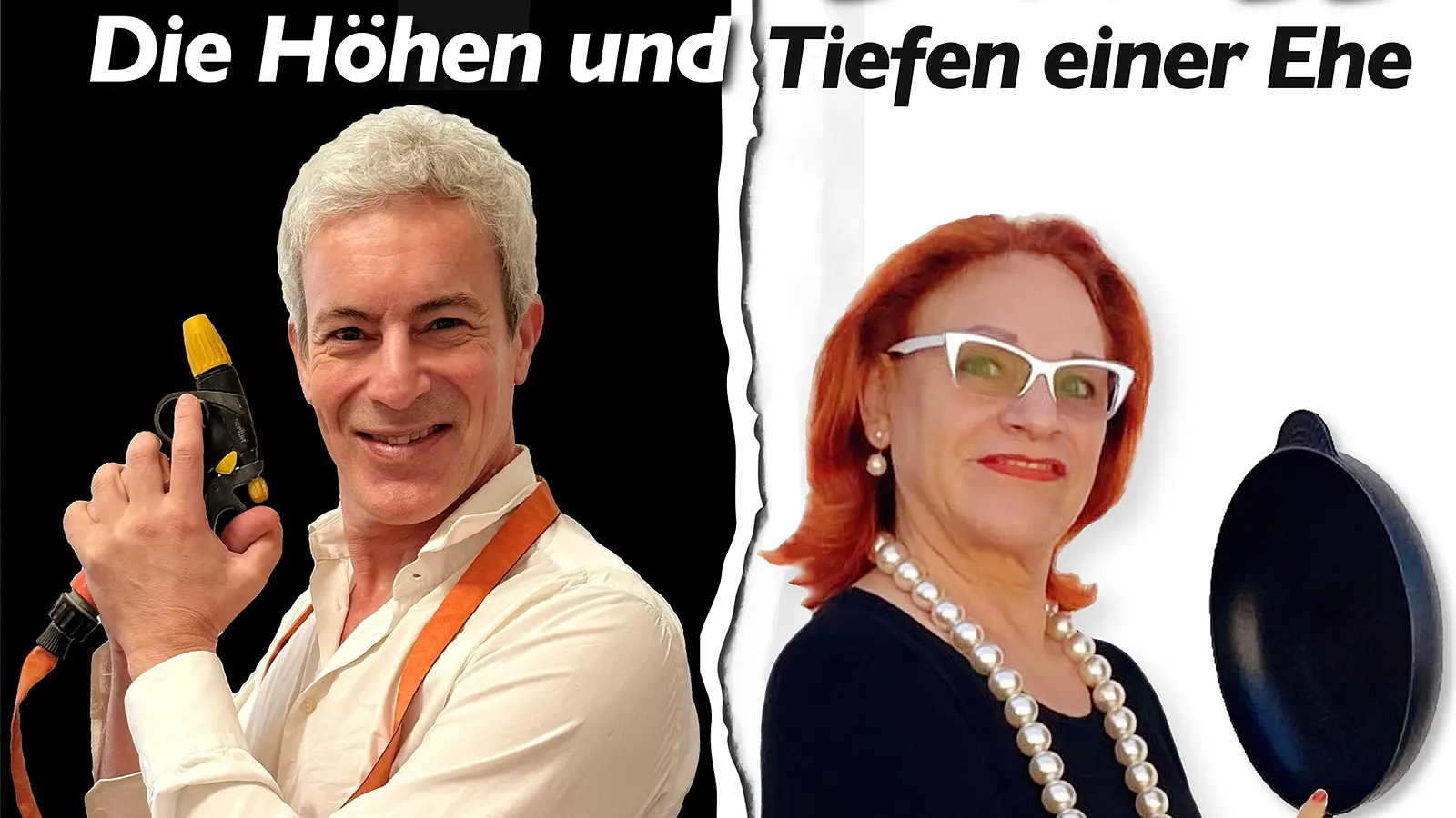 Foto für das Event „Liebe, Lust, Hexenschuss“ – die beiden Künstler, er vor schwarzem Hintergrund, sie vor weißem Hintergrund