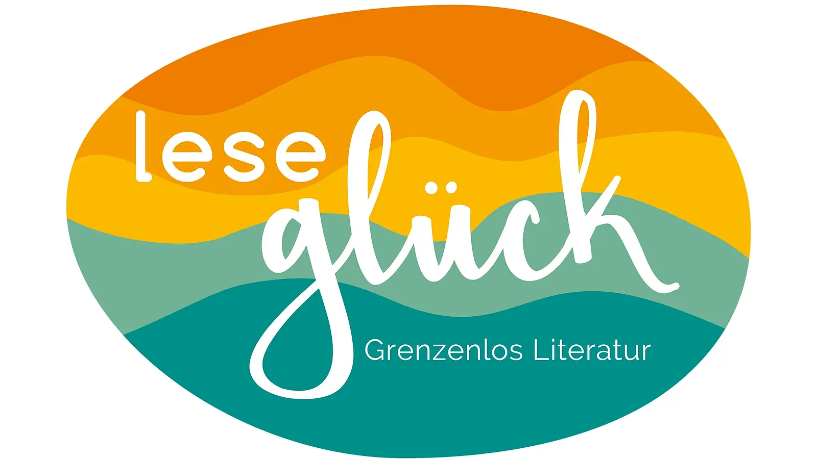 Ovales Logo Literaturfest Leseglück in grün, orange und gelb mit weißer Aufschrift auf weißem Untergrund Leseglück Grenzenlos Literatur