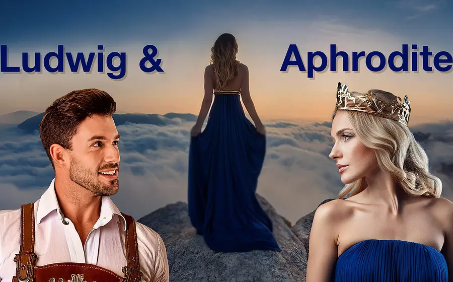 Eine Collage von zwei DarstellerInnen aus Ludwig und Aphrodite, im Hintergrund steht eine Dame auf Felsen, dahinter Wolken