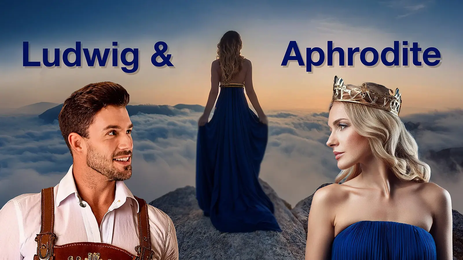 Eine Collage von zwei DarstellerInnen aus Ludwig und Aphrodite, im Hintergrund steht eine Dame auf Felsen, dahinter Wolken