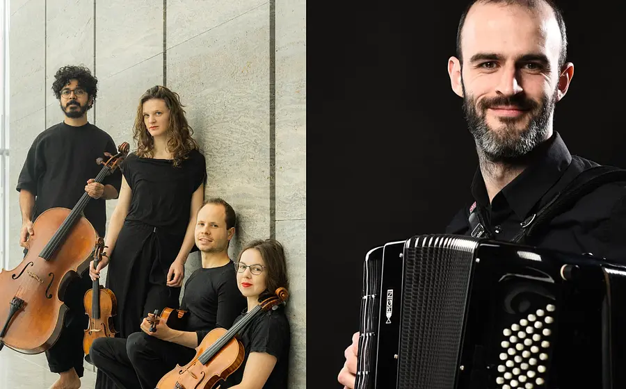 Foto des Zentaur Quartetts mit vier Musikerinnen und Musikern in schwarzer Kleidung vor einer hellen Steinwand, mit Violinen, Viola und Violoncello, daneben Porträt eines Akkordeonisten mit schwarzem Akkordeon vor schwarzem Hintergrund