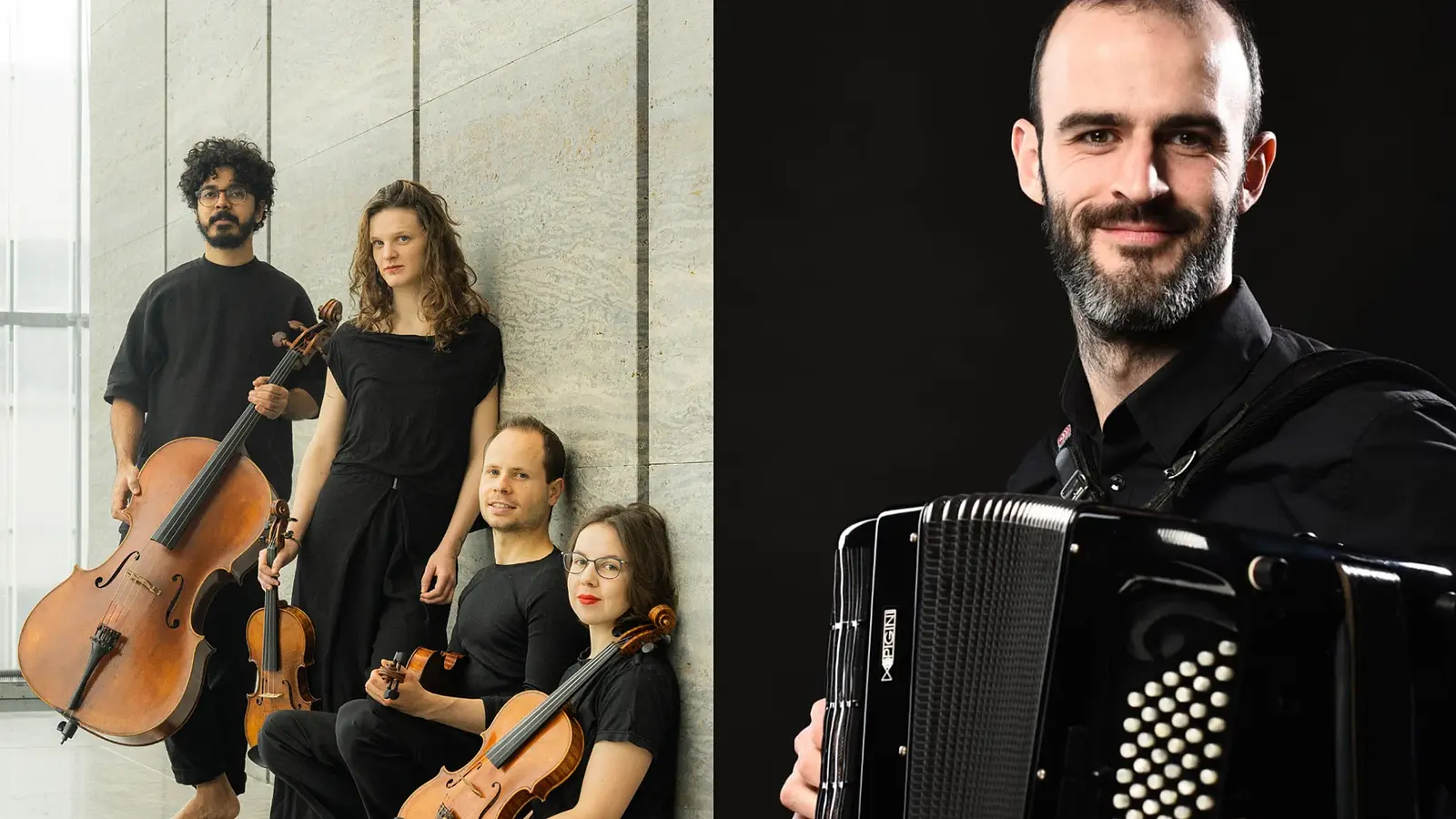 Foto des Zentaur Quartetts mit vier Musikerinnen und Musikern in schwarzer Kleidung vor einer hellen Steinwand, mit Violinen, Viola und Violoncello, daneben Porträt eines Akkordeonisten mit schwarzem Akkordeon vor schwarzem Hintergrund