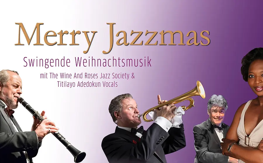 Veranstaltungsplakat Merry Jazzmas mit swingender Weihnachtsmusik und Liveauftritt von The Wine And Roses Jazz Society und Titilayo Adedokun mit Klarinette Trompete und Gesang vor violettem Farbverlauf