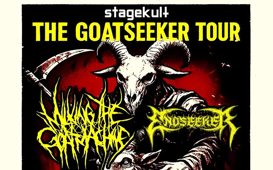 Plakatmotiv zur The Goatseeker Tour von Stagekult. Zu sehen ist eine düstere Illustration einer gehörnten Ziegenkopfgestalt mit Sense vor rot schwarzem Hintergrund. Im Vordergrund stehen die Bandlogos von Milking The Goatmachine und Nastergal.