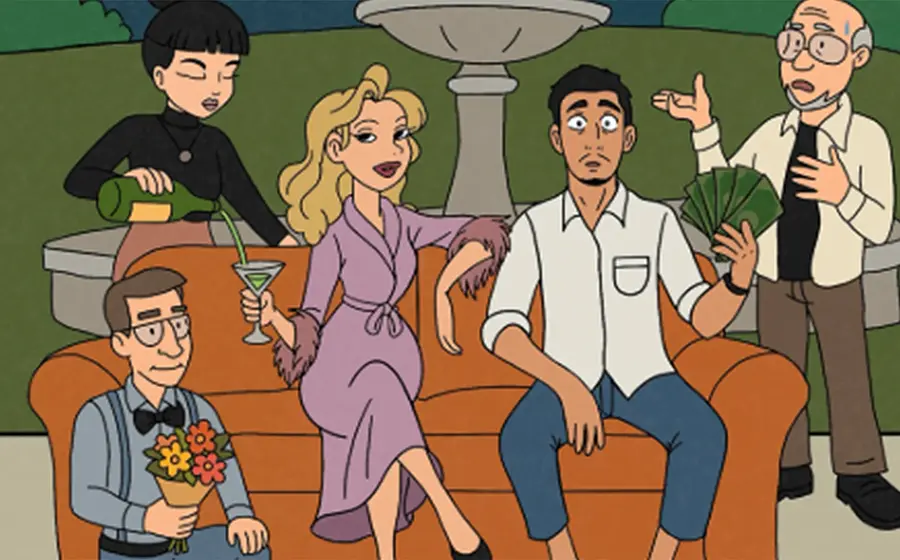 Illustration zu Miss Otis lässt bitten mit fünf gezeichneten Figuren rund um ein orangefarbenes Sofa vor einem Springbrunnen, darunter eine Person mit Geldscheinen, eine mit Blumenstrauß und eine mit Cocktailglas, im Stil einer Krimikomödie