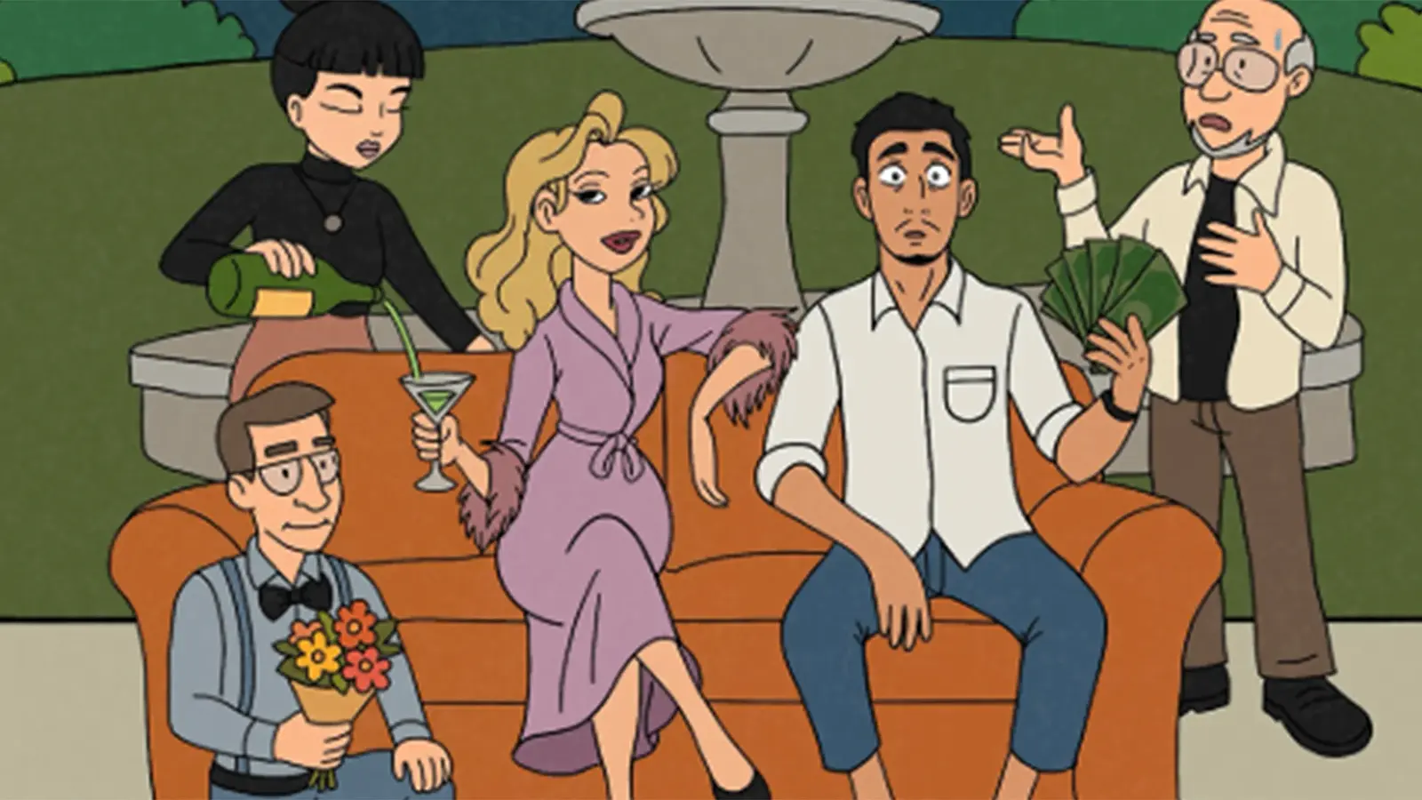 Illustration zu Miss Otis lässt bitten mit fünf gezeichneten Figuren rund um ein orangefarbenes Sofa vor einem Springbrunnen, darunter eine Person mit Geldscheinen, eine mit Blumenstrauß und eine mit Cocktailglas, im Stil einer Krimikomödie