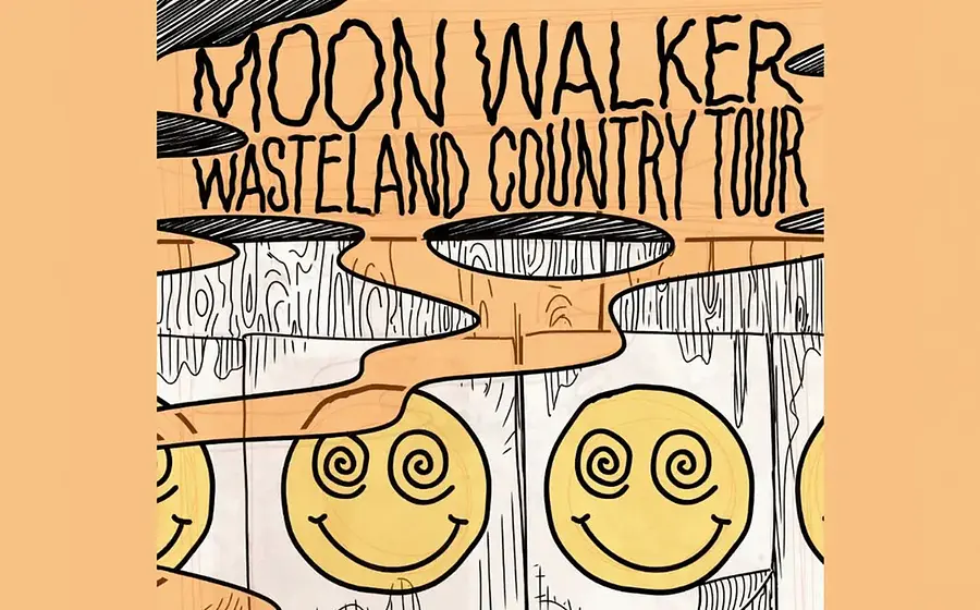 Plakatgrafik mit den Aufschriften Moon Walker und Wasteland Country Tour. Das illustrierte Motiv zeigt stilisierte gelbe Smiley Gesichter mit spiralförmigen Augen zwischen abstrakten schwarz weißen Landschaftsformen.