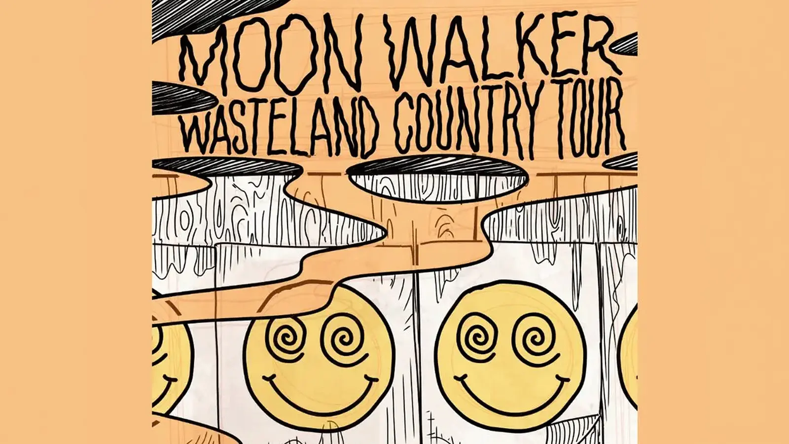 Plakatgrafik mit den Aufschriften Moon Walker und Wasteland Country Tour. Das illustrierte Motiv zeigt stilisierte gelbe Smiley Gesichter mit spiralförmigen Augen zwischen abstrakten schwarz weißen Landschaftsformen.
