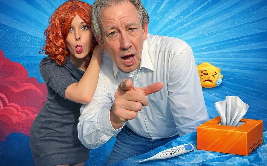 Illustration zum Event ‚Männerschnupfen – Comedy Dinner Show‘ mit Thermometer, Taschentüchern sowie einem Mann und einer Frau mit Perücke.