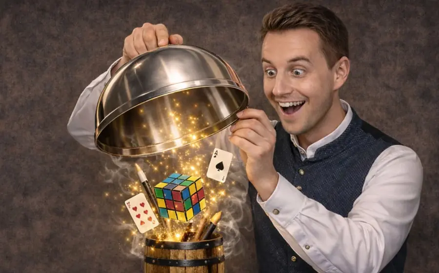 Florian Otto in weißem Hemd und blauer Weste, der eine silberne Cloche anhebt, aus der Spielkarten, ein Zauberstab und ein Rubik’s Cube mit Lichteffekten aufsteigen, vor dunklem Studiohintergrund