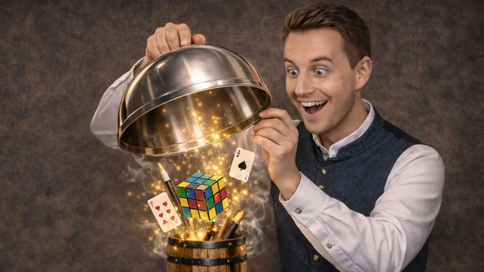 Florian Otto in weißem Hemd und blauer Weste, der eine silberne Cloche anhebt, aus der Spielkarten, ein Zauberstab und ein Rubik’s Cube mit Lichteffekten aufsteigen, vor dunklem Studiohintergrund