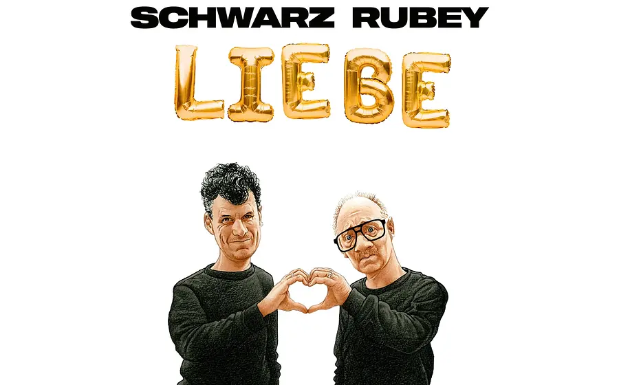 Plakat Schwarz Rubey Liebe mit zwei gezeichneten Personen in schwarzen Pullovern die mit ihren Händen ein Herz formen darunter großer goldener Schriftzug Liebe auf hellem Hintergrund