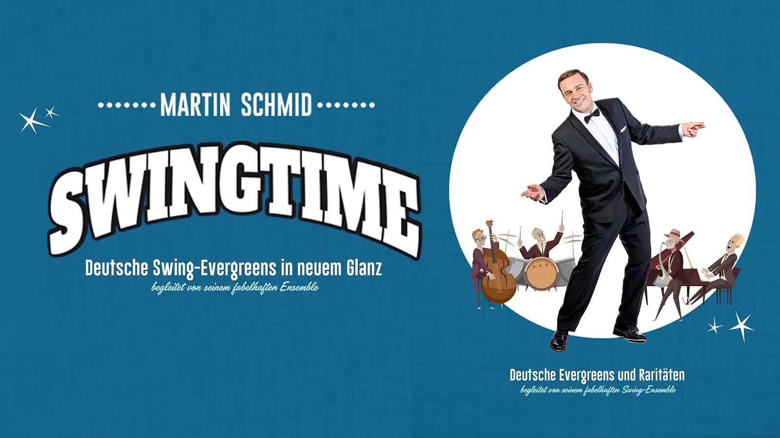 Plakat mit blauem Hintergrund, große Schrift Swingtime und Martin Schmid, daneben eine tanzende Person im Anzug vor illustrativer Band