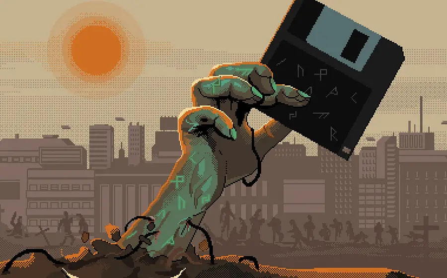 Illustration mit einer Hand, die eine Diskette aus dem Boden hält, vor Stadt-Silhouette, Banner zu MASTER BOOT RECORD und FULCI Konzert