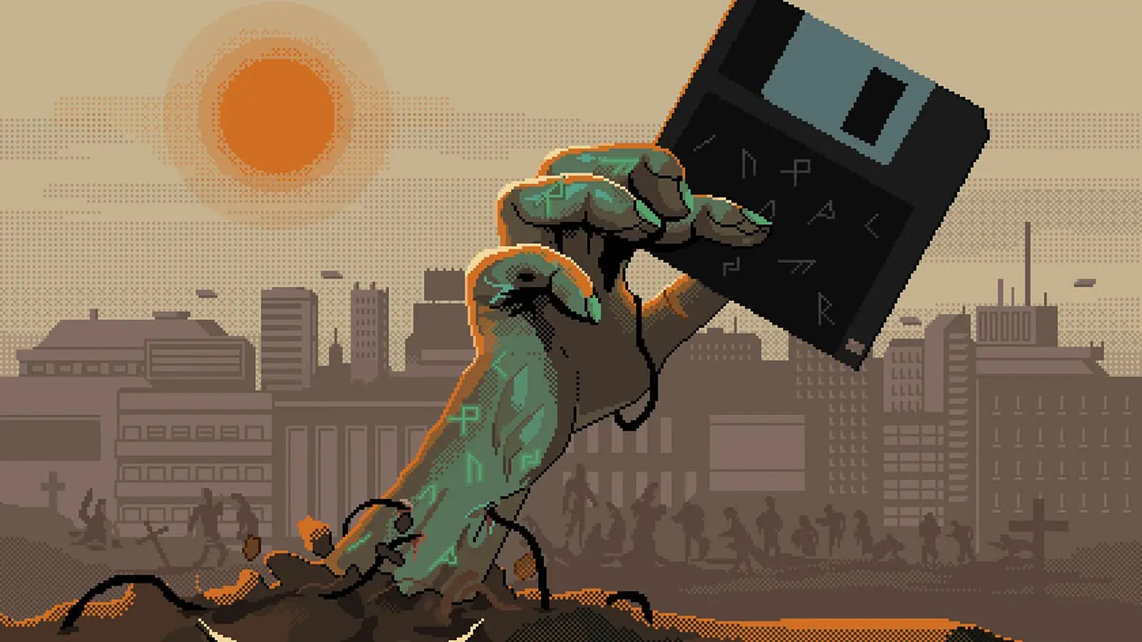 Illustration mit einer Hand, die eine Diskette aus dem Boden hält, vor Stadt-Silhouette, Banner zu MASTER BOOT RECORD und FULCI Konzert