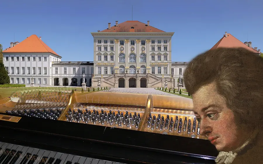 Eine Collage bestehend aus einer Person, dem Schloss Nymphenburg und einem Klavier
