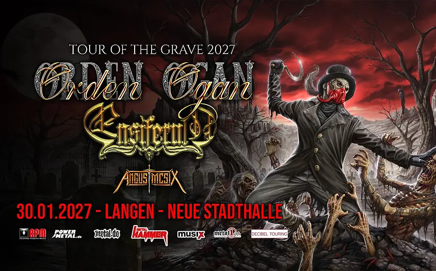 Plakat zur Tour of the Grave 2027 von Orden Ogan mit Ensiferum und Angus McSix, düstere Fantasy-Szene mit Friedhof, Figuren und rotem Himmel sowie Termin 30.01.2027 in Langen