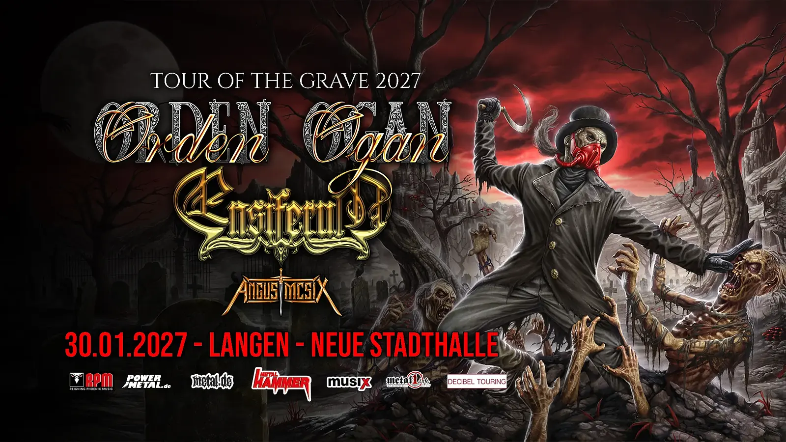 Plakat zur Tour of the Grave 2027 von Orden Ogan mit Ensiferum und Angus McSix, düstere Fantasy-Szene mit Friedhof, Figuren und rotem Himmel sowie Termin 30.01.2027 in Langen