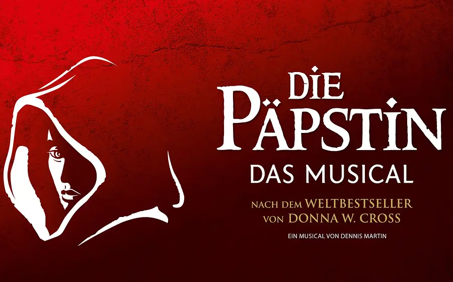 Foto für das Päpstin-Event mit einer Illustration eines Gesichts, das von einer Tunika bedeckt ist, und einer weiß-gelben Typografie auf rotem Hintergrund.