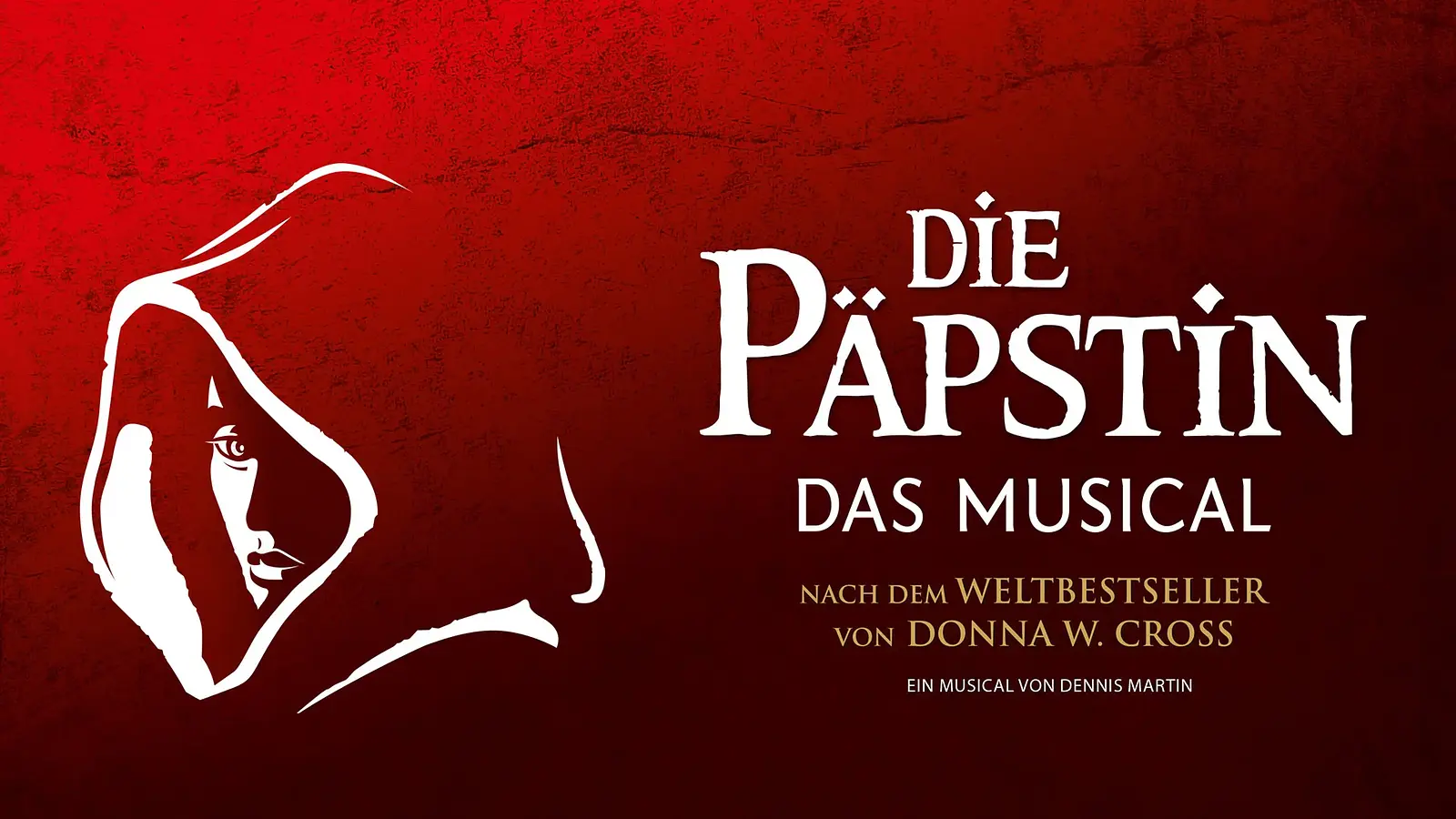 Foto für das Päpstin-Event mit einer Illustration eines Gesichts, das von einer Tunika bedeckt ist, und einer weiß-gelben Typografie auf rotem Hintergrund.