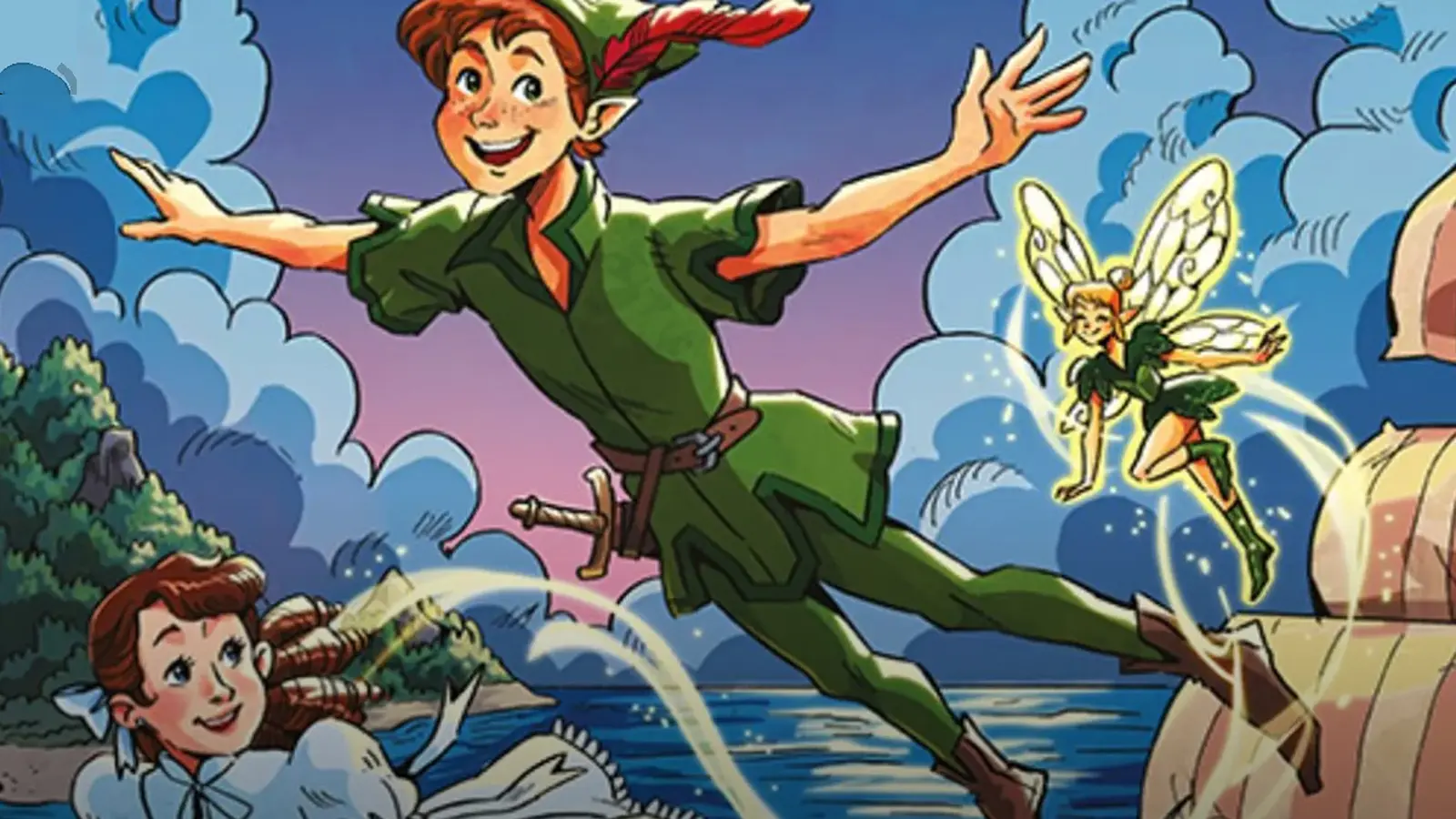 Illustration zu Peter Pan mit der fliegenden Titelfigur in grünem Kostüm über dem Meer, begleitet von einer geflügelten Fee, während Wendy am Ufer nach oben blickt, vor wolkenreichem Himmel und Küstenlandschaft