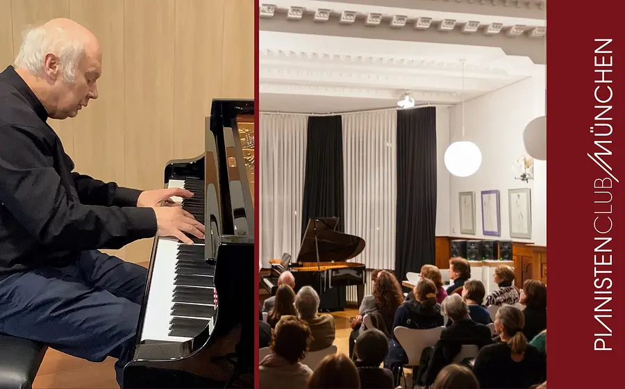 Collage zum Pianistenclub München mit einem Pianisten am Flügel in der linken Bildhälfte, einem Konzertsaal mit Publikum und Konzertflügel in der rechten Bildhälfte sowie dem vertikalen Schriftzug Pianistenclub München auf rotem Hintergrund