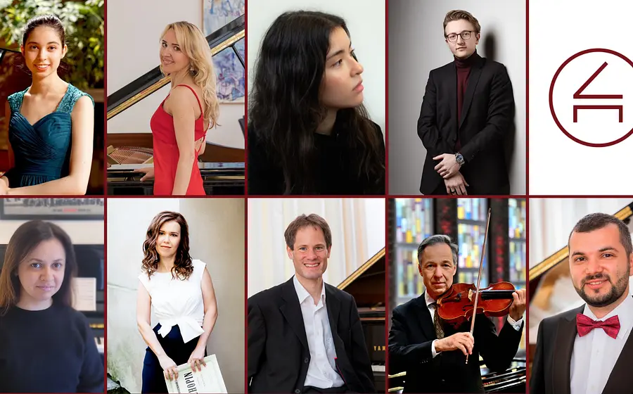 Collage aus neun Fotos der Künstler*innen Helen Blau, Sonja Uhlmann, Anthony Sintow-Behrens, Kateryna Ruchkina, Polina Spirina, Martin Keller, István Karácsonyi und Paul Buruiana