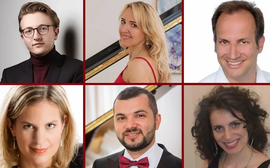 Collage aus Fotos der sechs Künstler*innen Anthony Sintow-Behrens, Helen Blau, Keith Gruen; Sylvia Dankesreiter, Paul Buruiana, Ramona Bolojan.