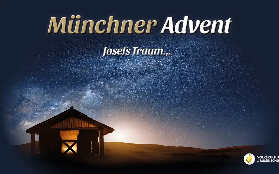 Artwork Schriftzug "Münchner Advent" und mit einer beleuteten Krippe auf einem Feld bei Nacht.