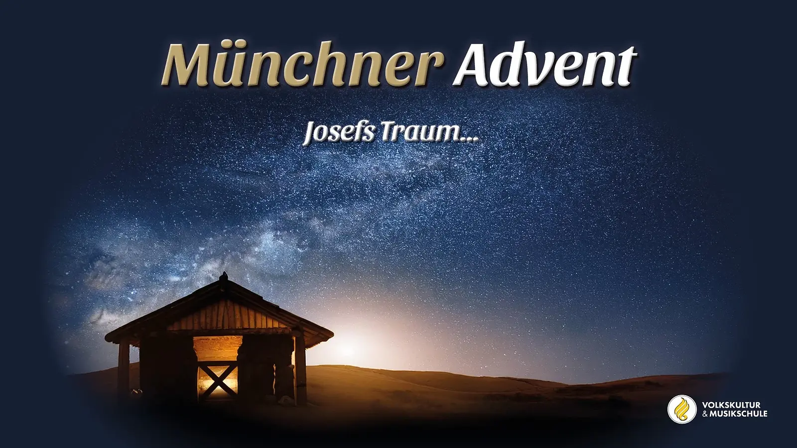 Artwork Schriftzug "Münchner Advent" und mit einer beleuteten Krippe auf einem Feld bei Nacht.