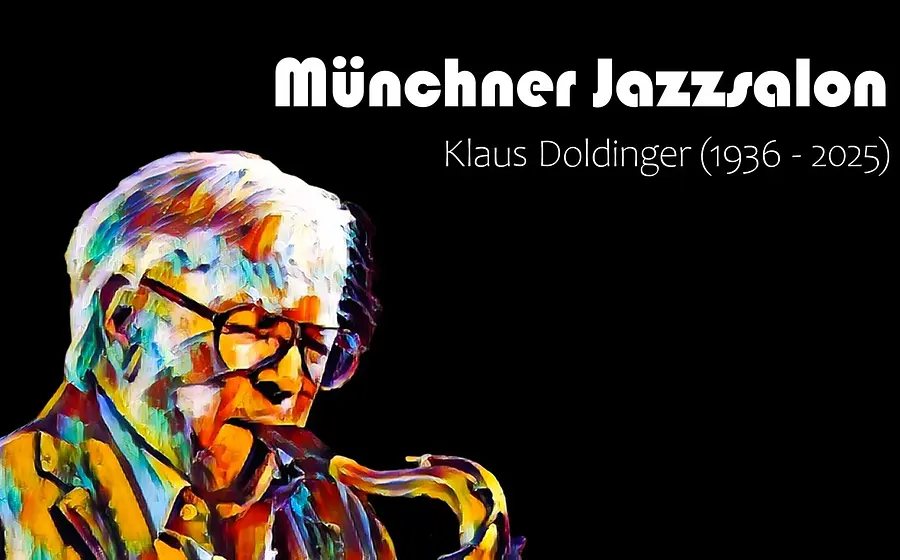 eine Illustration von Klaus Doldinger in bunten farben auf schwarzem Untergrund mit weißer Aufschrift des Münchner Jazzsalon