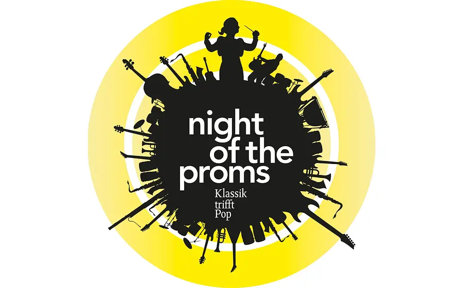 Logo „night of the proms – Klassik trifft Pop“ auf gelbem Hintergrund, mit schwarzer Silhouette eines Orchesters aus Instrumenten und einer dirigierenden Person im Zentrum.