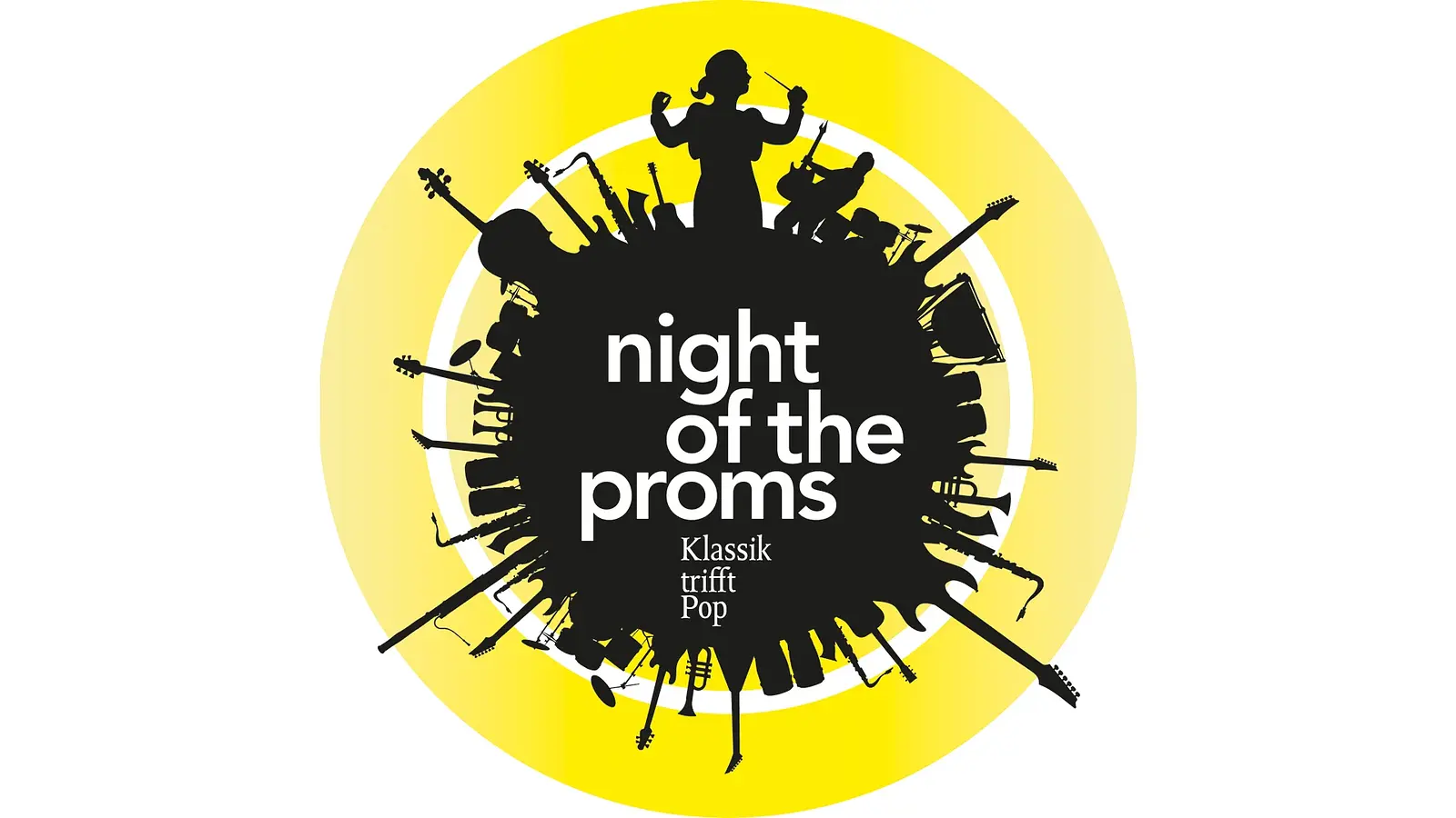 Logo „night of the proms – Klassik trifft Pop“ auf gelbem Hintergrund, mit schwarzer Silhouette eines Orchesters aus Instrumenten und einer dirigierenden Person im Zentrum.