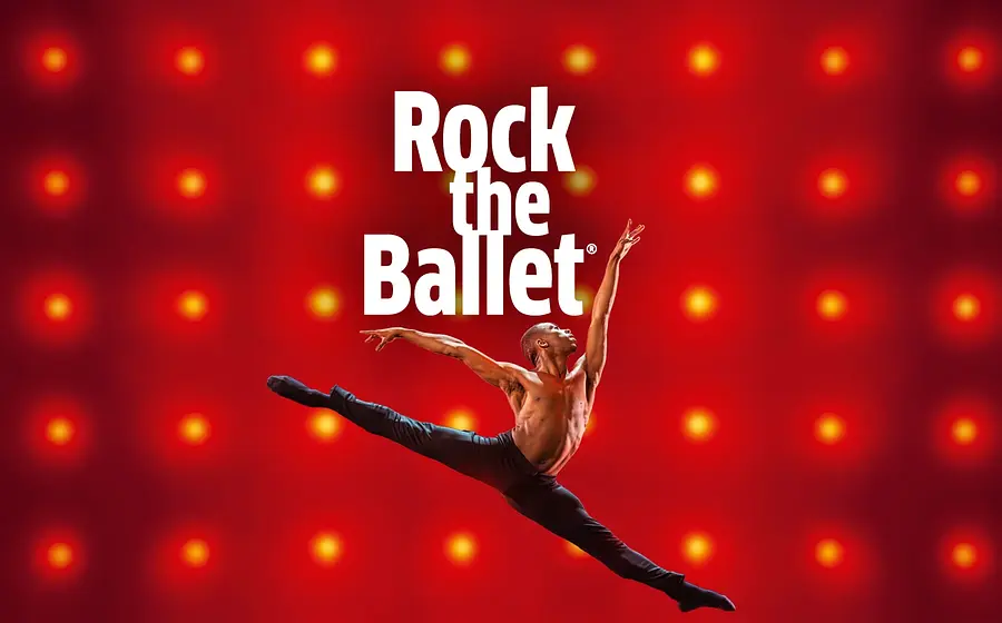 Keyvisual zum Event „Rock the Ballet“: Eine einzelne tanzende Person ist in einem dynamischen Sprung mit weit ausgestreckten Beinen vor rotem Hintergrund mit leuchtenden Lichtpunkten dargestellt. Über der Szene steht der Schriftzug „Rock the Ballet“ in weißer Schrift. Die Darstellung vermittelt Bewegung, Energie und moderner Tanzästhetik.