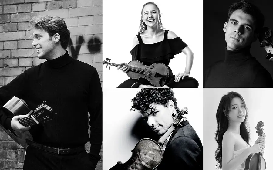 Collage aus fünf schwarz-weiß Fotos verschiedener Musiker*innen mit Instrumenten zur Veranstaltung Saitenspiele