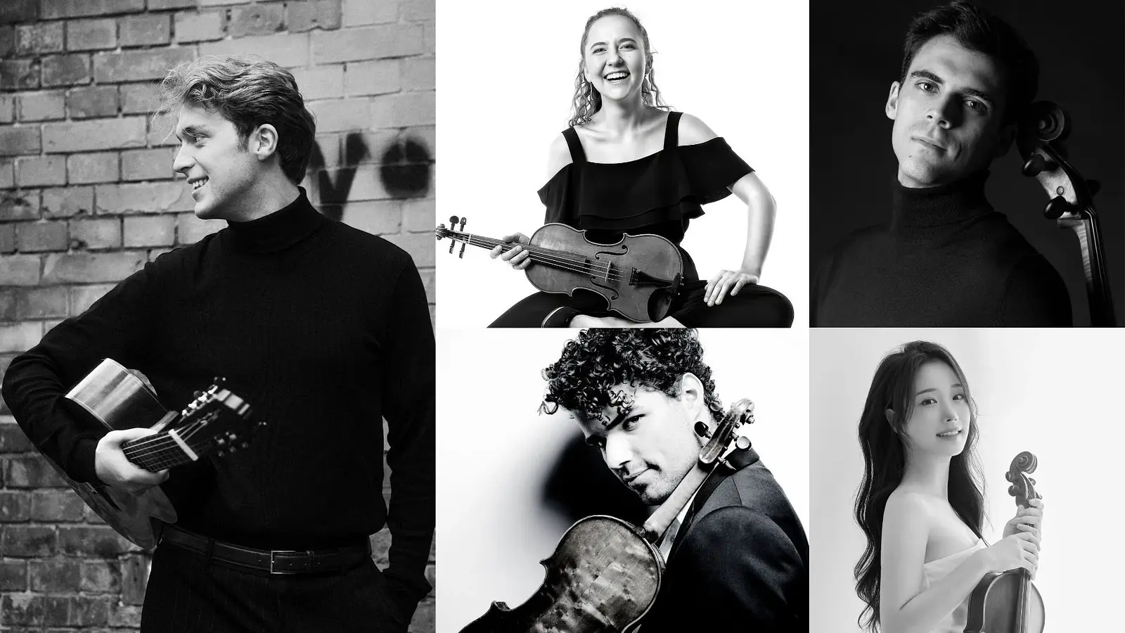Collage aus fünf schwarz-weiß Fotos verschiedener Musiker*innen mit Instrumenten zur Veranstaltung Saitenspiele