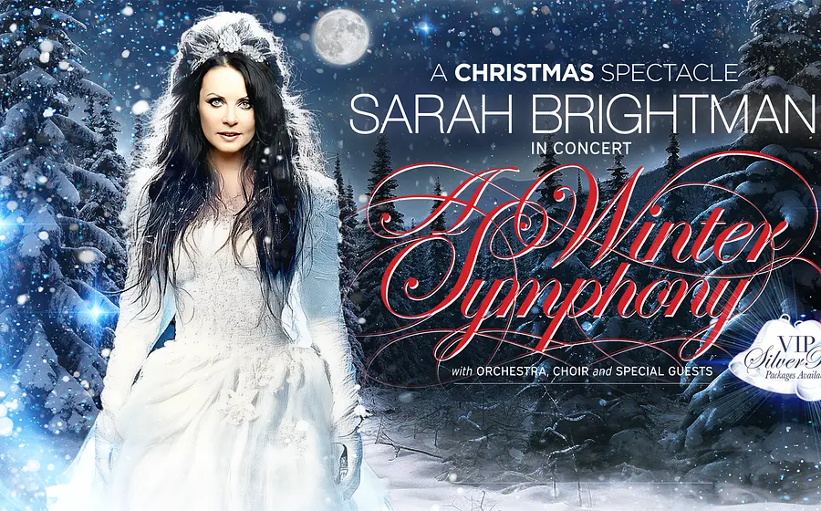 Foto für die Veranstaltung Sarah Brightman mit der Künstlerin in einem weißen Kleid vor einem weihnachtlichen Hintergrund und roter Typografie.