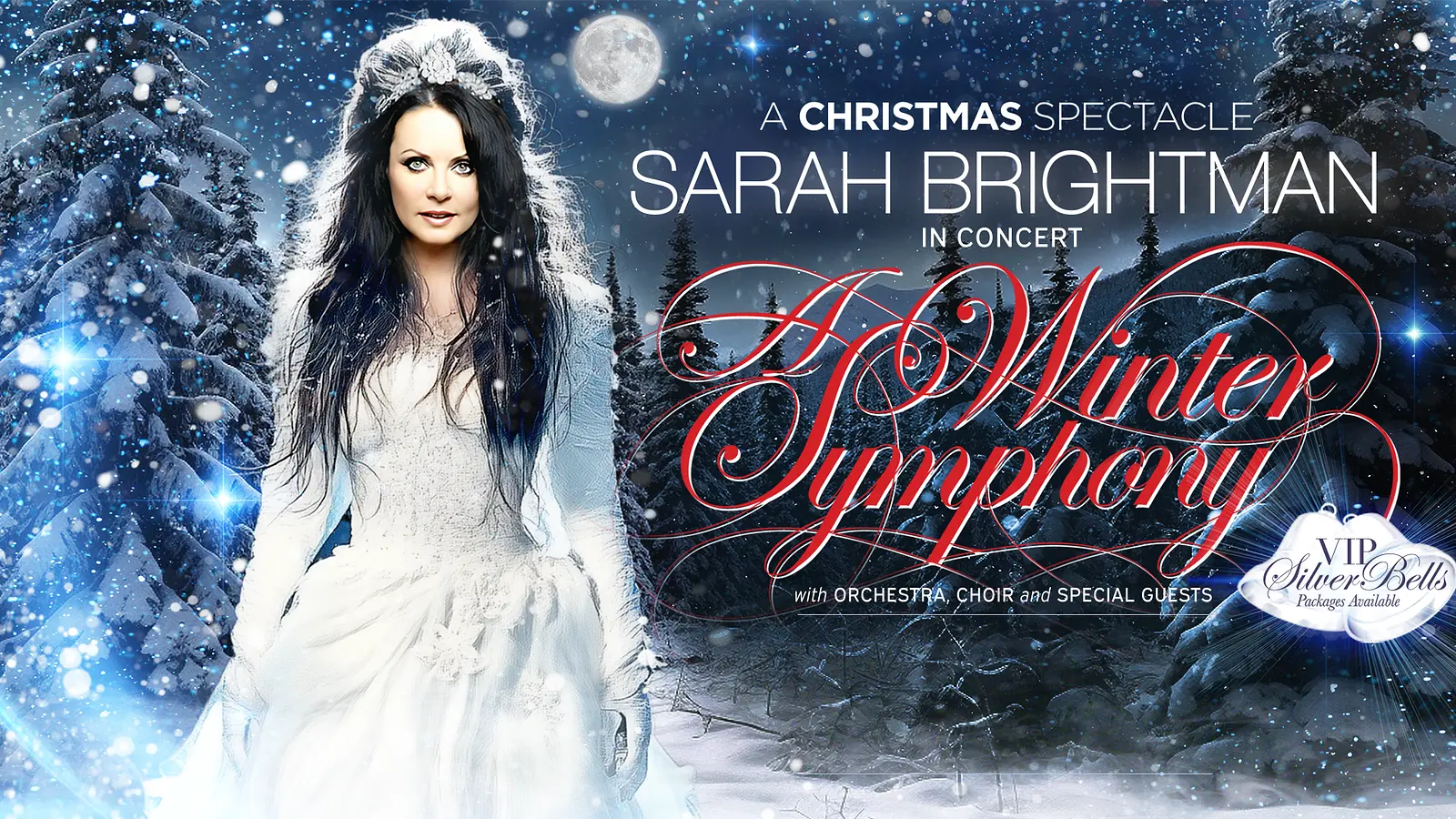 Foto für die Veranstaltung Sarah Brightman mit der Künstlerin in einem weißen Kleid vor einem weihnachtlichen Hintergrund und roter Typografie.
