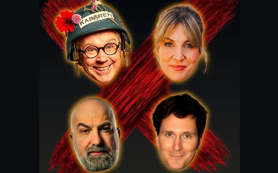Plakat Schlachtplatte 2027 mit vier freigestellten Porträts vor schwarzem Hintergrund, darunter eine Person mit Helm und Kabarett-Schriftzug, eine Person mit blondem Haar, eine Person mit Glatze und Bart sowie eine Person mit dunklem Haar, angeordnet um ein großes rotes X.