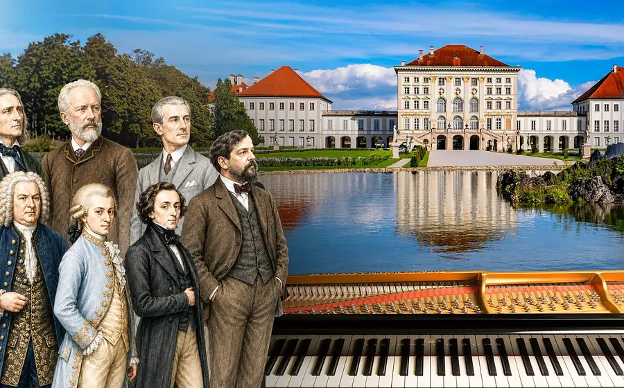 Historische Komponisten vor einem Schloss mit Seeblick und einem Klavier im Vordergrund.