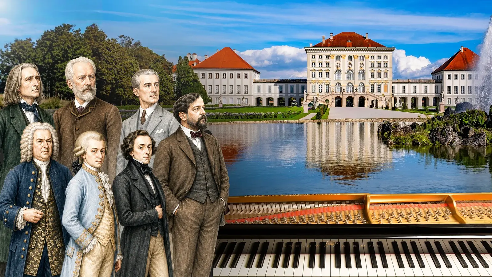Historische Komponisten vor einem Schloss mit Seeblick und einem Klavier im Vordergrund.