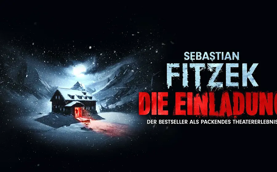 Verschneite Berghütte bei Nacht mit rotem Licht an der Tür und Titelgrafik in blau und rot Die Einladung von Sebastian Fitzek