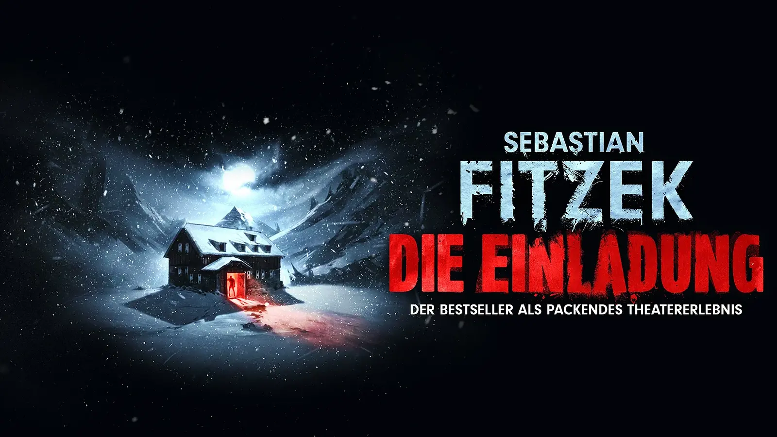 Verschneite Berghütte bei Nacht mit rotem Licht an der Tür und Titelgrafik in blau  und rot Die Einladung von Sebastian Fitzek