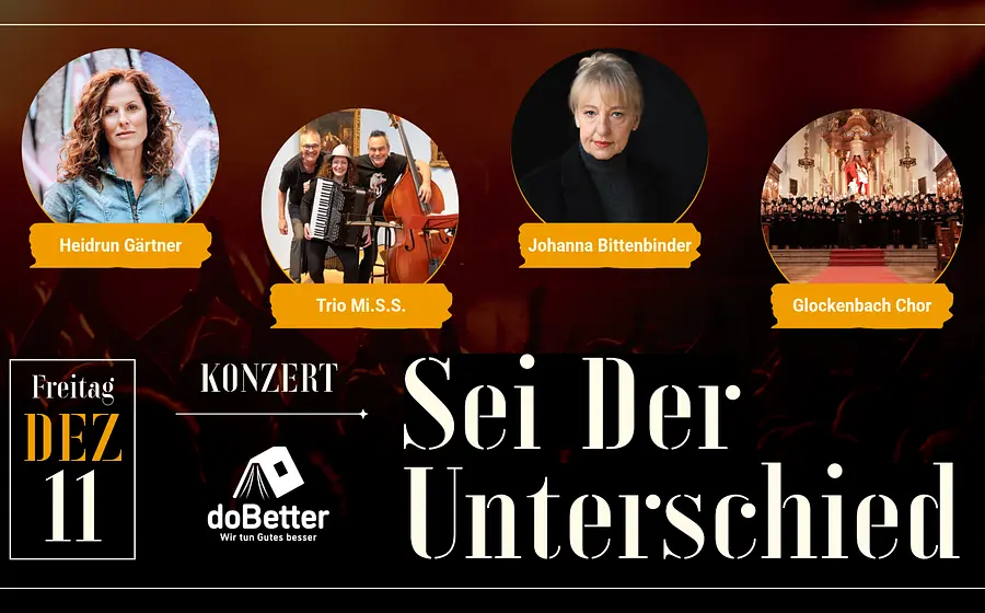 Plakatmotiv zur Veranstaltung „Sei der Unterschied“ mit vier kreisförmig angeordneten Einzelporträts der teilnehmenden Künstler*innen. Im Hintergrund sorgt eine stimmungsvolle Konzert-Crowd für eine emotionale Live-Atmosphäre