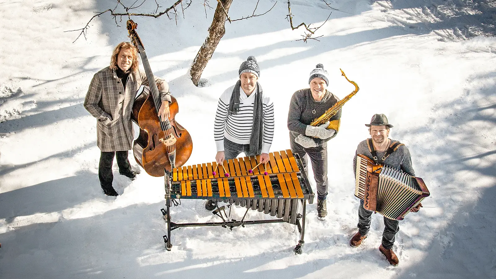 Vier Musiker on Quadro Nuevo mit Kontrabass, Vibraphon, Saxofon und Akkordeon stehen im Schnee unter einem Baum. Geben Sie Ihr Feedback zu BizChat ab.